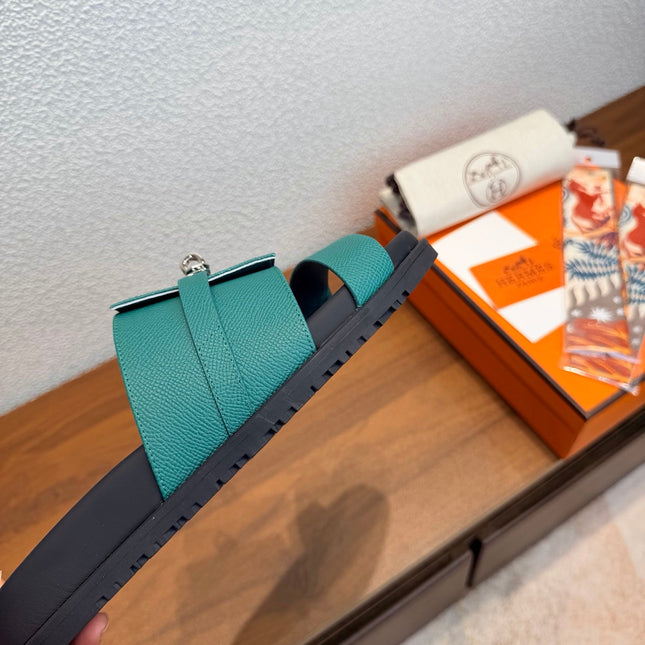 HM 26S KELLY BUCKLE DOUBLE STRAP SANDALS IN TEAL GREEN CALFSKIN