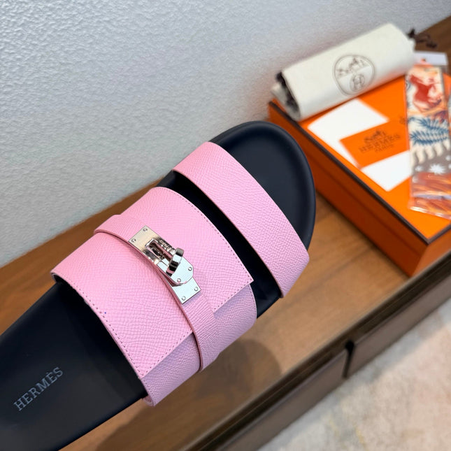 HM 26S KELLY BUCKLE DOUBLE STRAP SANDALS IN PINK CALFSKIN