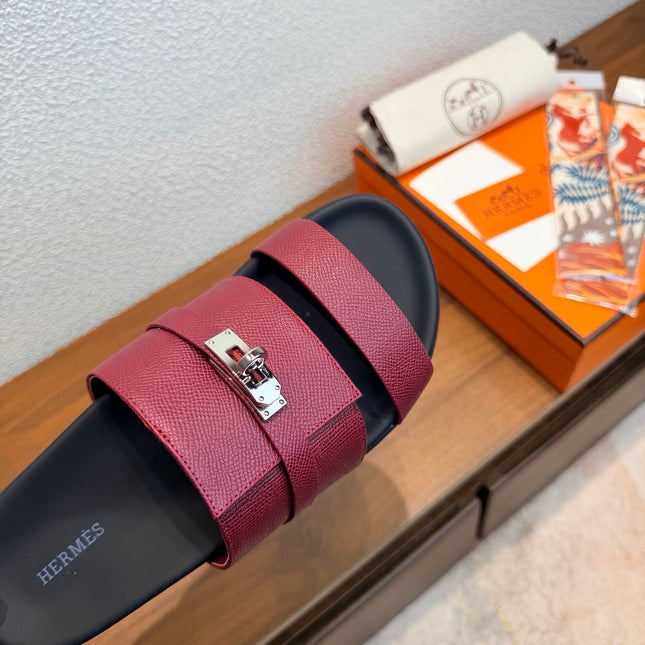HM 26S KELLY BUCKLE DOUBLE STRAP SANDALS IN BURGUNDY RED CALFSKIN
