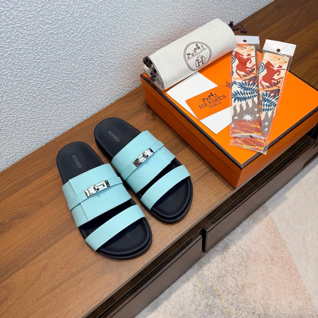 HM 26S KELLY BUCKLE DOUBLE STRAP SANDALS IN SKY BLUE CALFSKIN