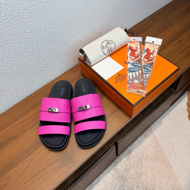 HM 26S KELLY BUCKLE DOUBLE STRAP SANDALS IN FUCHSIA PINK CALFSKIN
