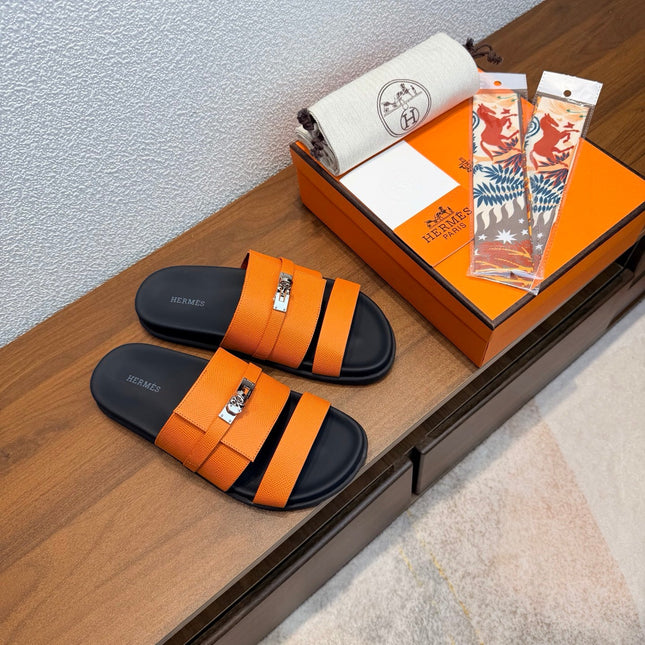 HM 26S KELLY BUCKLE DOUBLE STRAP SANDALS IN ORANGE CALFSKIN