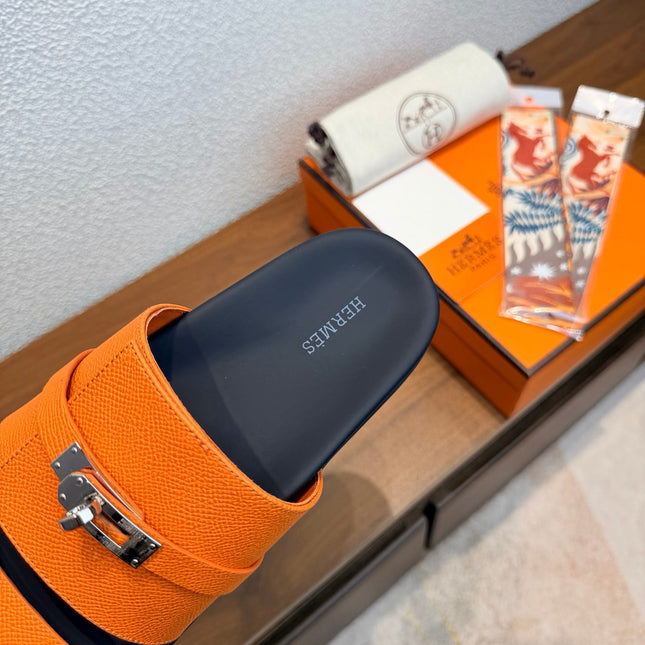 HM 26S KELLY BUCKLE DOUBLE STRAP SANDALS IN ORANGE CALFSKIN