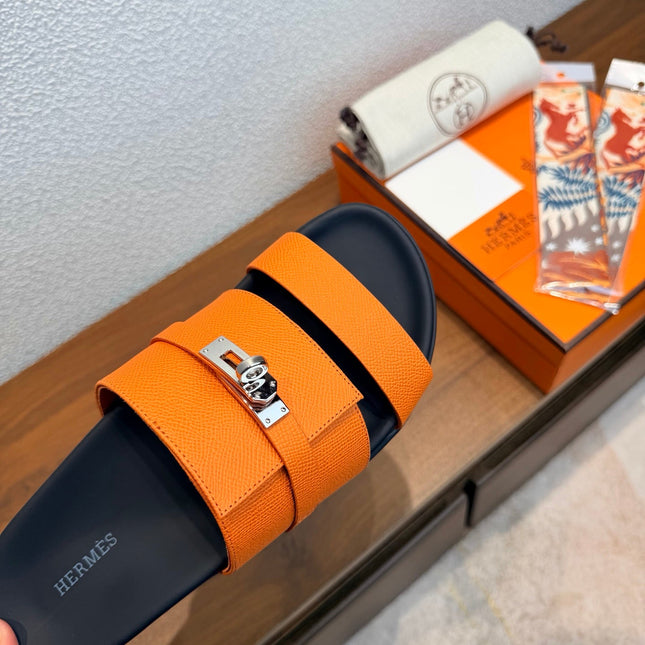 HM 26S KELLY BUCKLE DOUBLE STRAP SANDALS IN ORANGE CALFSKIN