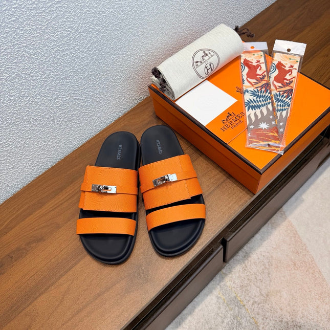 HM 26S KELLY BUCKLE DOUBLE STRAP SANDALS IN ORANGE CALFSKIN