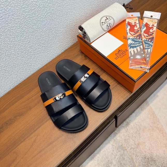 HM 26S KELLY BUCKLE DOUBLE STRAP SANDALS IN BLACK AND ORANGE CALFSKIN