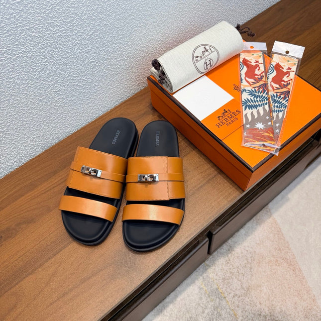 HM 26S KELLY BUCKLE DOUBLE STRAP SANDALS IN BURNT ORANGE CALFSKIN