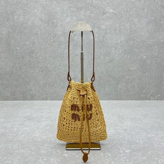MIUMIU 26S DRAWSTRING TOTE BAG 20 IN BEIGE RAFFIA
