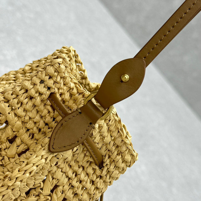 MIUMIU 26S DRAWSTRING TOTE BAG 20 IN BEIGE RAFFIA