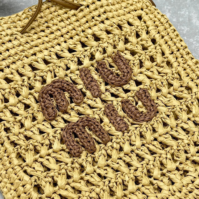 MIUMIU 26S DRAWSTRING TOTE BAG 20 IN BEIGE RAFFIA