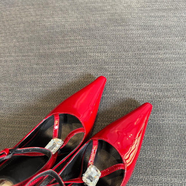 HIGH SANDAL ATTACHED GEM IN RED GLOSSY CALFSKIN