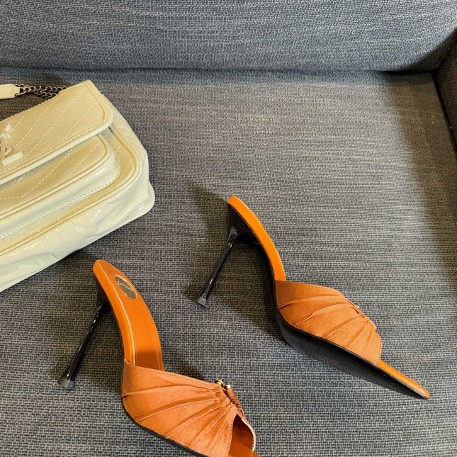LOLA HIGH MULES IN TANGELO ORANGE SMOOTH LAMBSKIN AND DRAPED JERSEY
