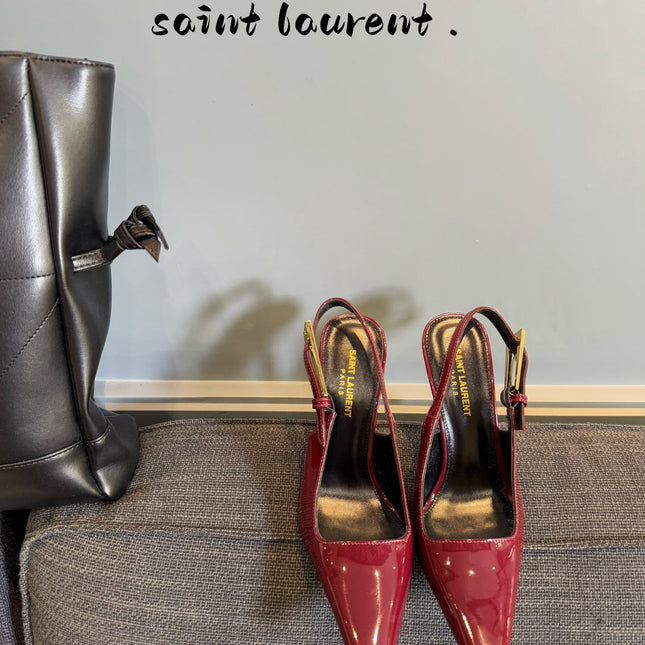 YSL 26S HEELED SLINGBACKS 100 MM IN DARK RED CALFSKIN