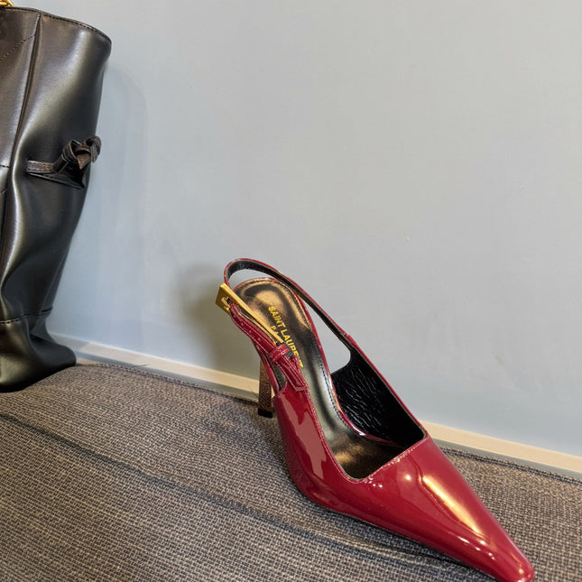 YSL 26S HEELED SLINGBACKS 100 MM IN DARK RED CALFSKIN