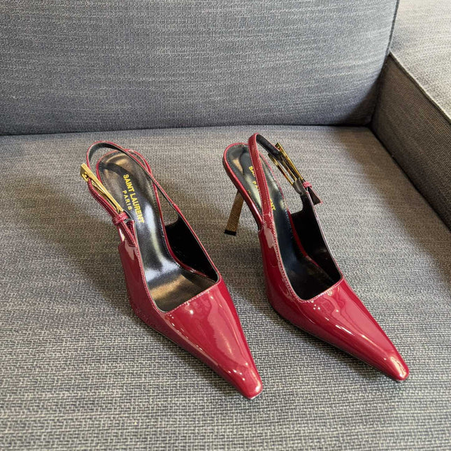 YSL 26S HEELED SLINGBACKS 100 MM IN DARK RED CALFSKIN