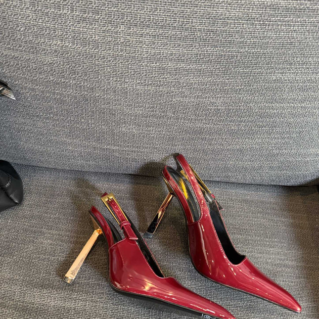 YSL 26S HEELED SLINGBACKS 100 MM IN DARK RED CALFSKIN