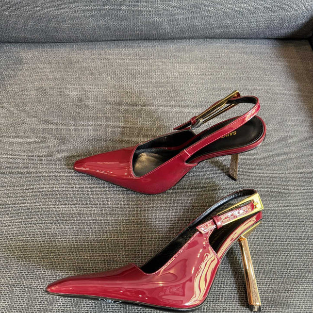 YSL 26S HEELED SLINGBACKS 100 MM IN DARK RED CALFSKIN