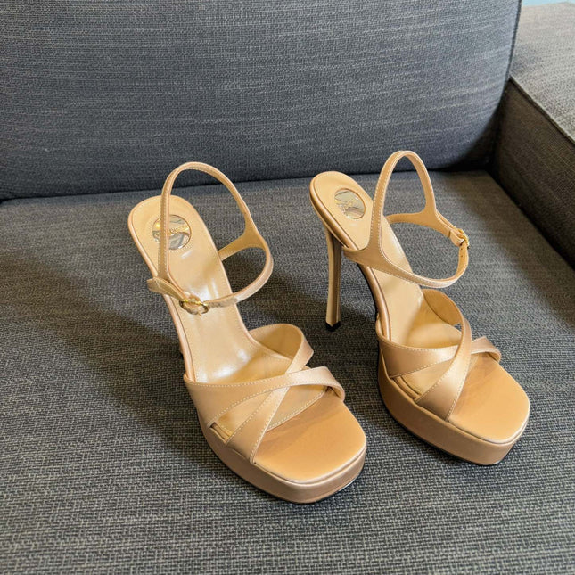 YSL 26S CROSS-STRAP SANDALS 150 MM IN NUDE SATIN