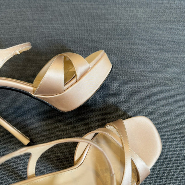 YSL 26S CROSS-STRAP SANDALS 150 MM IN NUDE SATIN