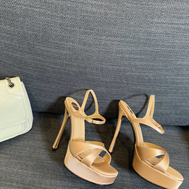 YSL 26S CROSS-STRAP SANDALS 150 MM IN NUDE SATIN