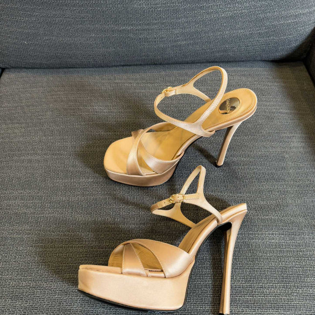 YSL 26S CROSS-STRAP SANDALS 150 MM IN NUDE SATIN