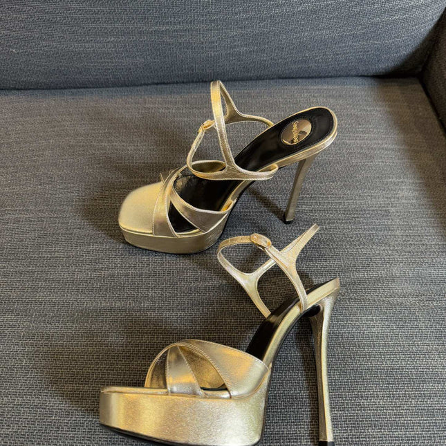 YSL 26S CROSS-STRAP SANDALS 150 MM IN GOLD CALFSKIN
