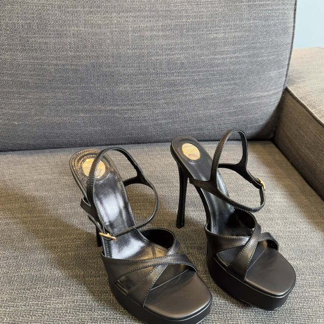 YSL 26S CROSS-STRAP SANDALS 150 MM IN BLACK CALFSKIN