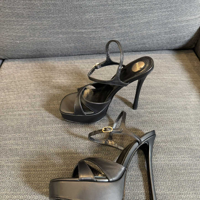 YSL 26S CROSS-STRAP SANDALS 150 MM IN BLACK CALFSKIN
