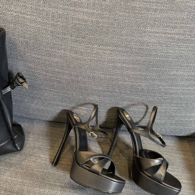 YSL 26S CROSS-STRAP SANDALS 150 MM IN BLACK CALFSKIN