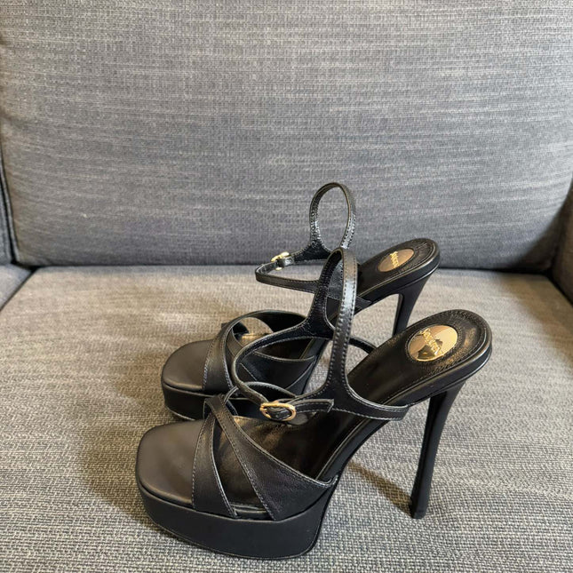 YSL 26S CROSS-STRAP SANDALS 150 MM IN BLACK CALFSKIN