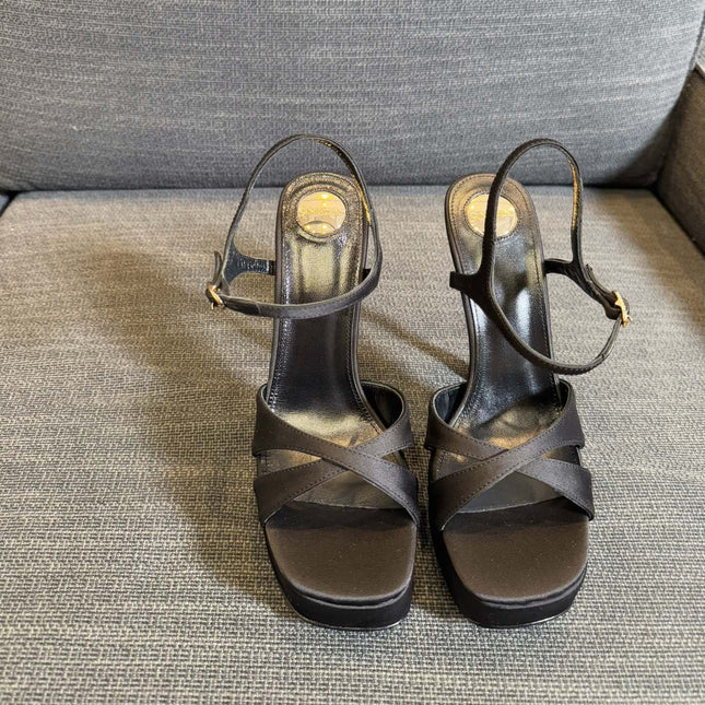 YSL 26S CROSS-STRAP SANDALS 150 MM IN BLACK SATIN