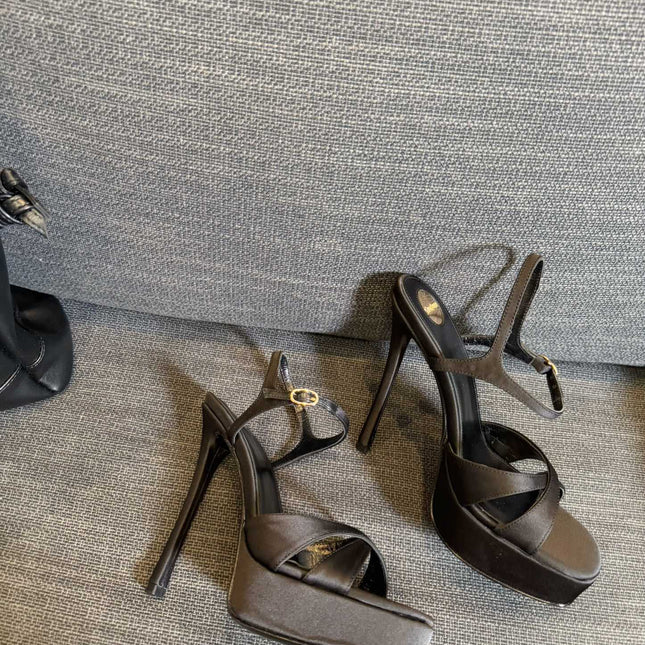 YSL 26S CROSS-STRAP SANDALS 150 MM IN BLACK SATIN