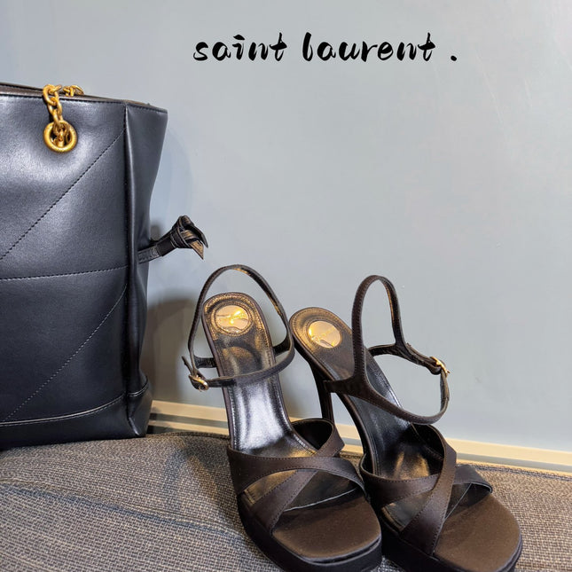 YSL 26S CROSS-STRAP SANDALS 150 MM IN BLACK SATIN