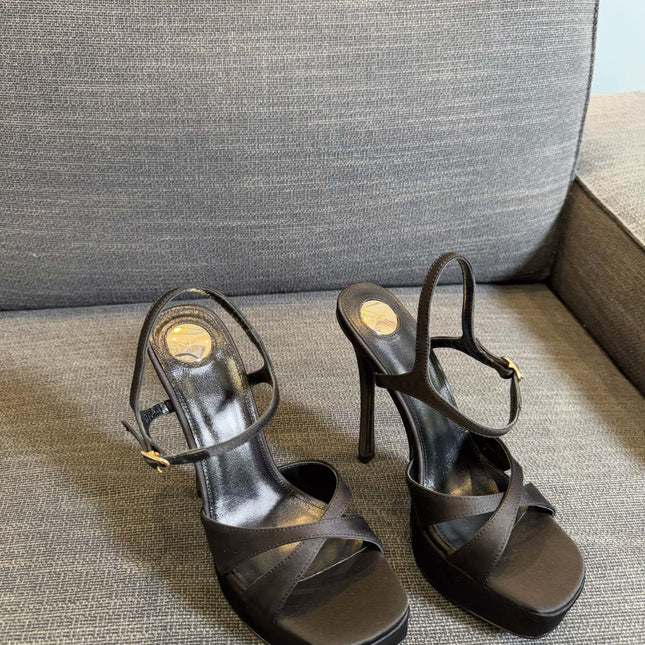 YSL 26S CROSS-STRAP SANDALS 150 MM IN BLACK SATIN