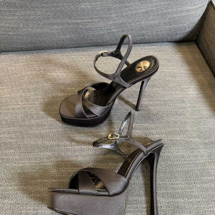 YSL 26S CROSS-STRAP SANDALS 150 MM IN BLACK SATIN
