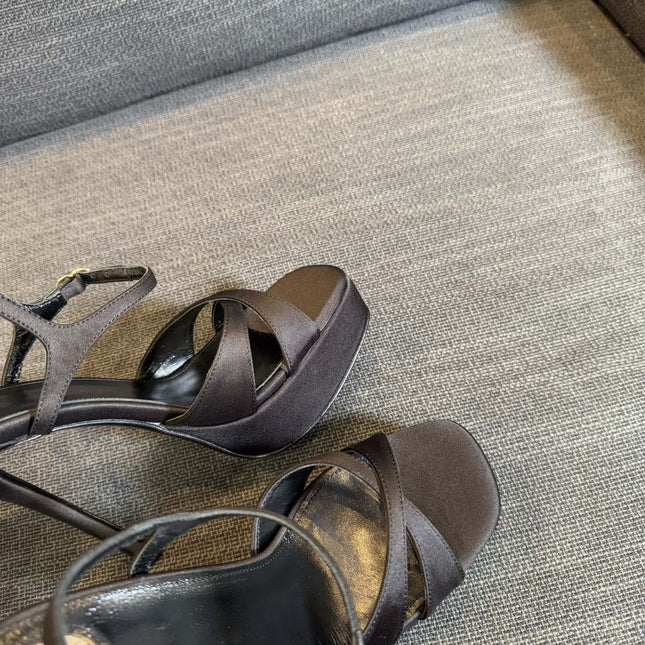 YSL 26S CROSS-STRAP SANDALS 150 MM IN BLACK SATIN