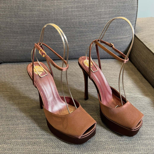 YSL 26S PLATFORM SANDALS 150 MM IN BROWN SATIN