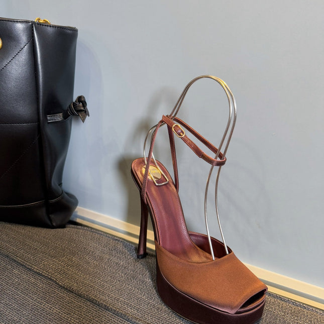 YSL 26S PLATFORM SANDALS 150 MM IN BROWN SATIN