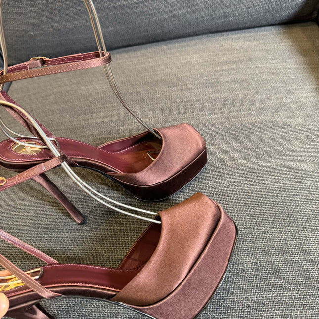YSL 26S PLATFORM SANDALS 150 MM IN BROWN SATIN