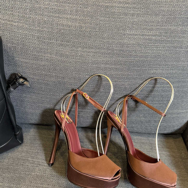 YSL 26S PLATFORM SANDALS 150 MM IN BROWN SATIN