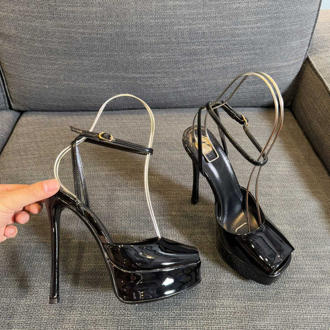 YSL 26S PLATFORM SANDALS 150 MM IN BLACK PATENT CALFSKIN