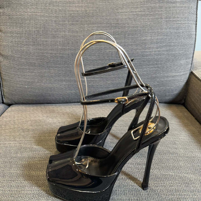 YSL 26S PLATFORM SANDALS 150 MM IN BLACK PATENT CALFSKIN