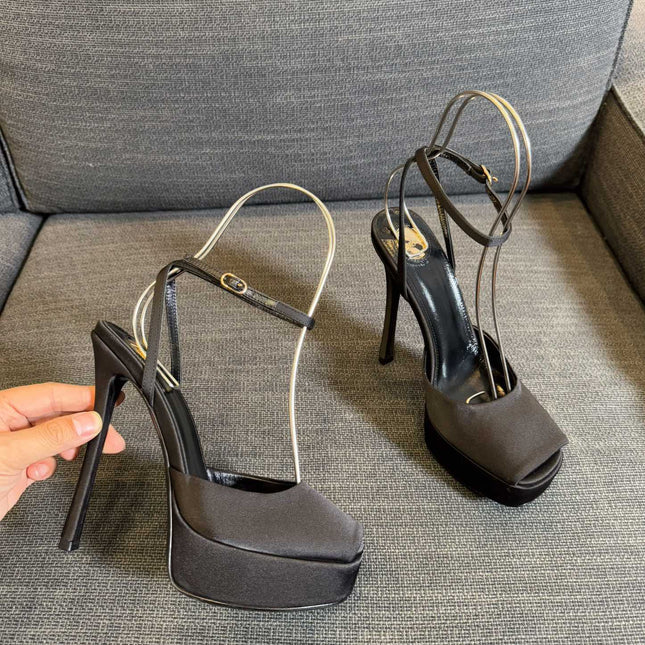 YSL 26S PLATFORM SANDALS 150 MM IN TAUPE AND BLACK SATIN