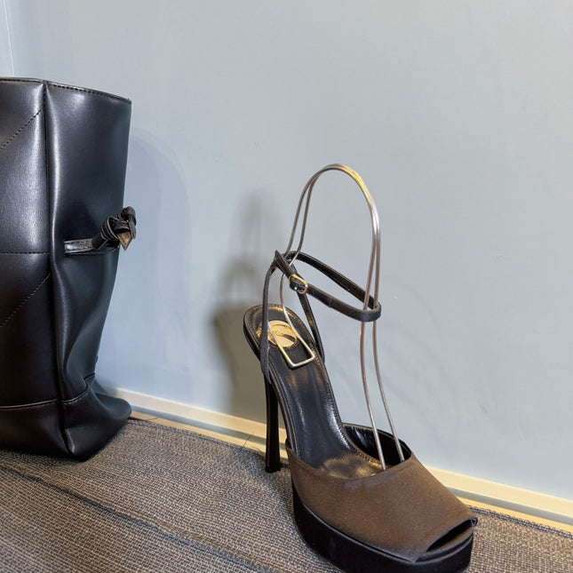 YSL 26S PLATFORM SANDALS 150 MM IN TAUPE AND BLACK SATIN