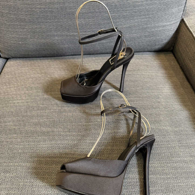 YSL 26S PLATFORM SANDALS 150 MM IN TAUPE AND BLACK SATIN
