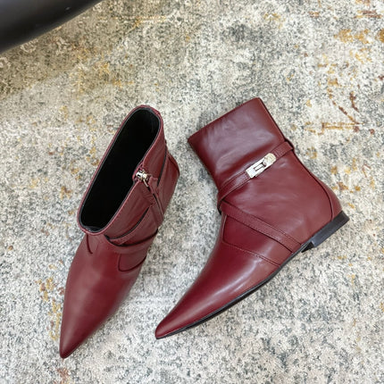 HM 26S FLAT ANKLE BOOTS IN WINE RED CALFSKIN