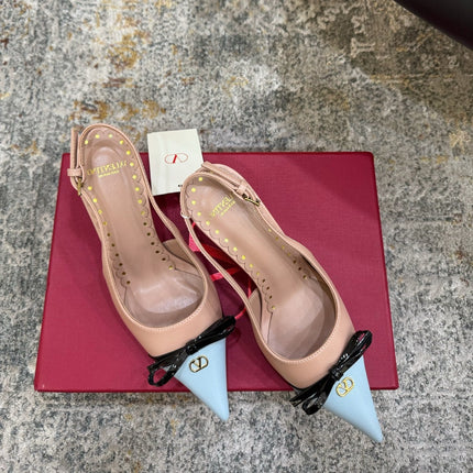 VALENTINO 26S BOW SLINGBACKS 45 MM IN NUDE AND LIGHT BLUE CALFSKIN