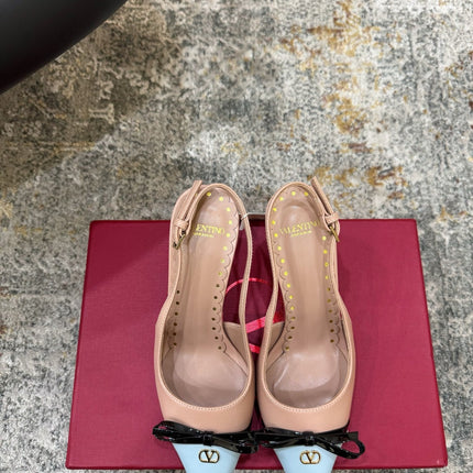 VALENTINO 26S BOW SLINGBACKS 45 MM IN NUDE AND LIGHT BLUE CALFSKIN