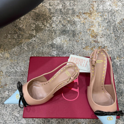 VALENTINO 26S BOW SLINGBACKS 45 MM IN NUDE AND LIGHT BLUE CALFSKIN
