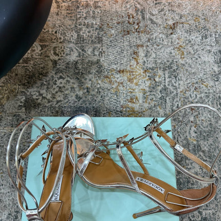 AQUAZZURA 26S BUTTERFLY SANDALS 95 MM IN SILVER CALFSKIN